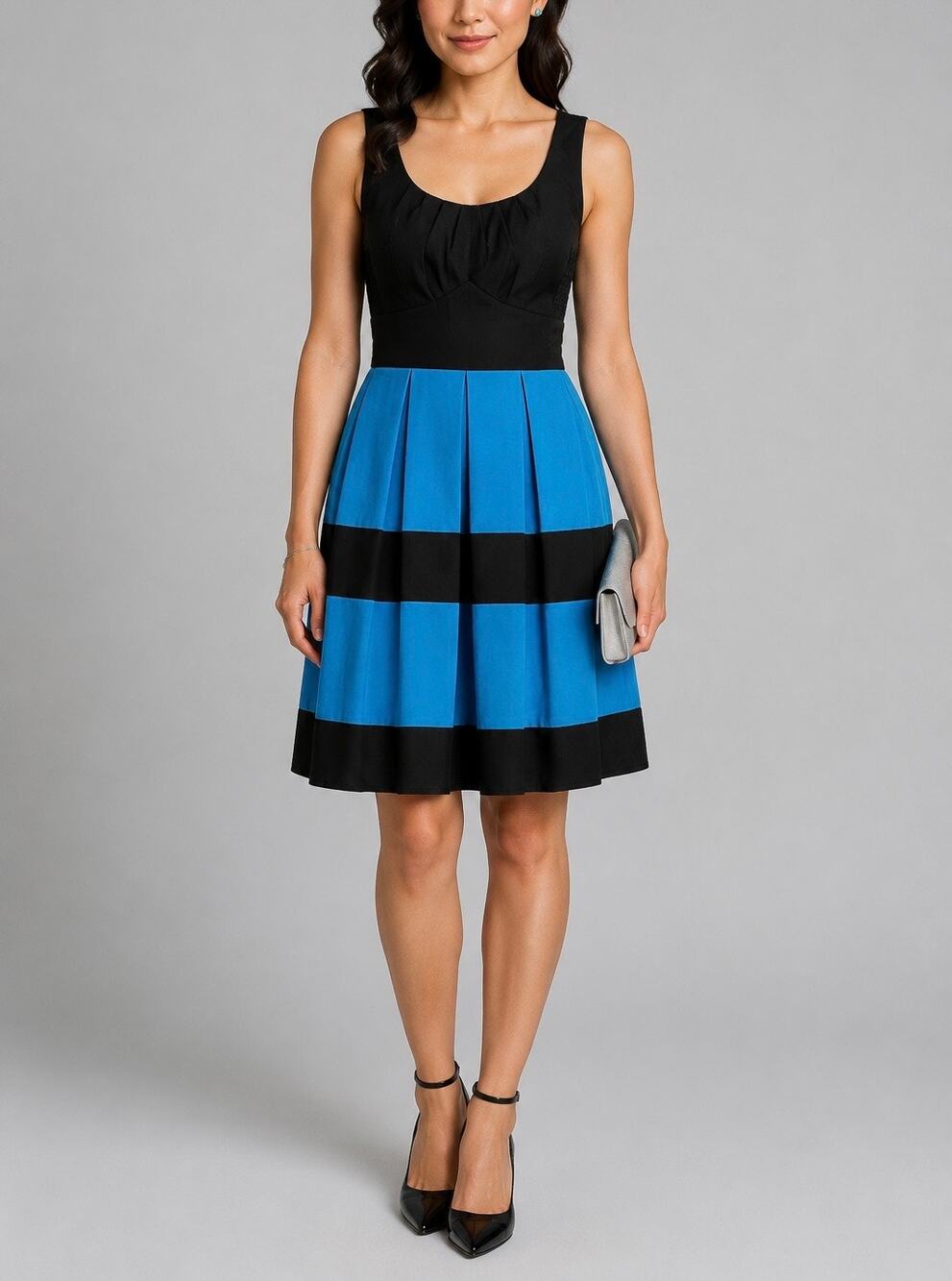 Spense Petite Dress 2P Black Turquoise Pleated Fit Flare Sleeveless